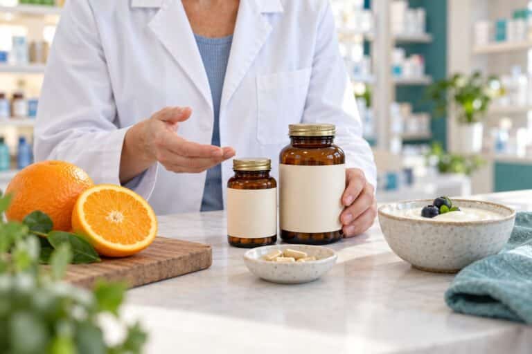 Pharmacist discussing supplements beside bottles, an orange, yogurt and capsules on a consultation counter.