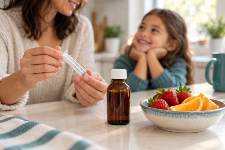 Parent holding an oral medicine syringe beside an amber bottle, with a smiling child and fruit flavours nearby.