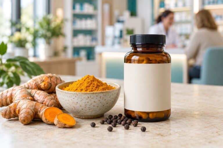 Turmeric roots, turmeric powder, peppercorns and a supplement bottle on a pharmacy counter.