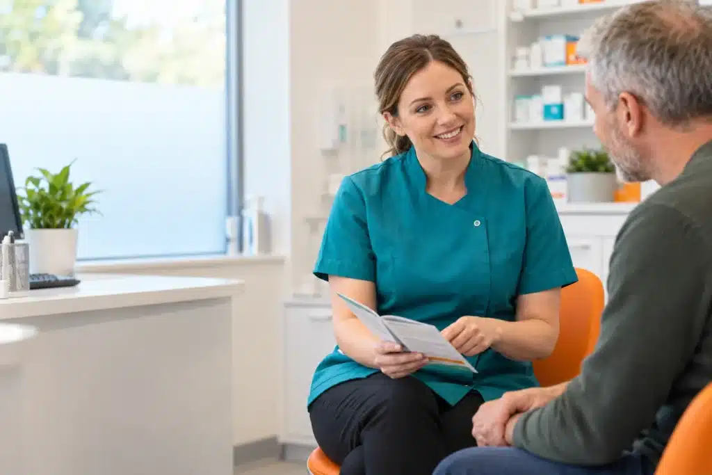 Pharmacist discussing seasonal flu vaccination with an adult.