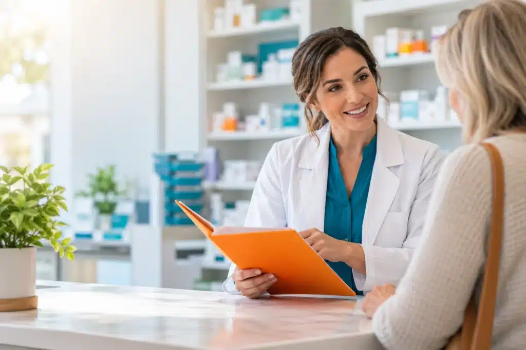 Pharmacist reviewing a prescription transfer request with a customer.