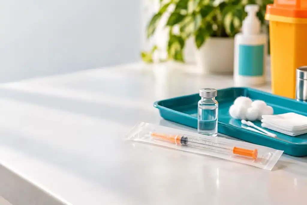 Sealed syringe, vaccine vial and cotton swabs on a teal medical tray.