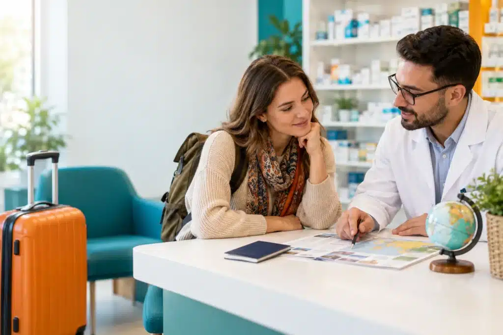 Pharmacist discussing travel health with a traveller beside a globe and luggage.