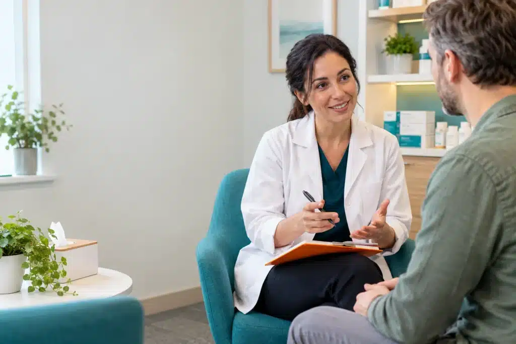 Pharmacist listening to an adult during a minor ailment consultation.
