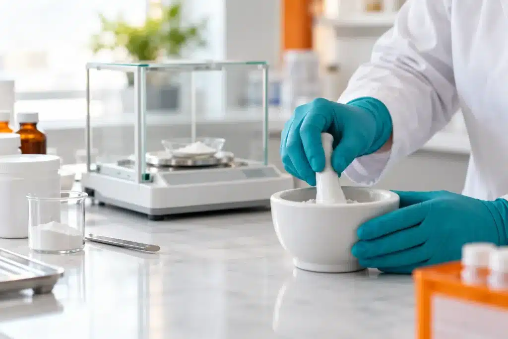 Gloved hands using a mortar and pestle in a pharmacy compounding laboratory.