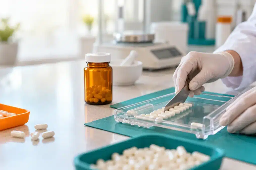 Capsule-filling tray and amber prescription bottle in a compounding laboratory.