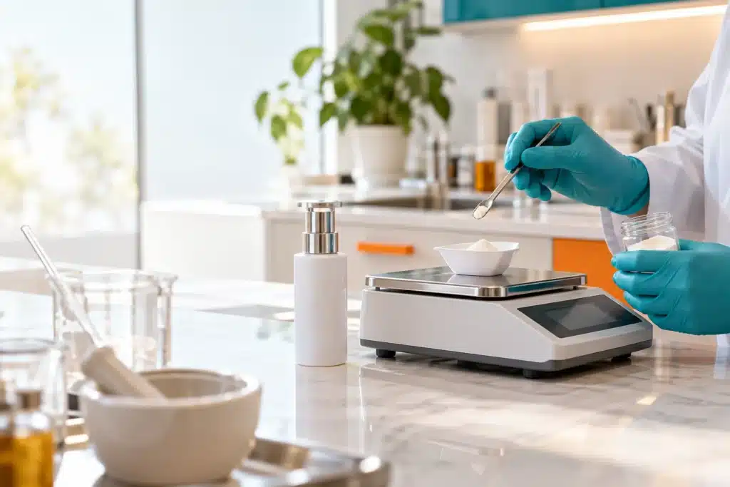 Pharmacist weighing formulation ingredients beside a pump dispenser.