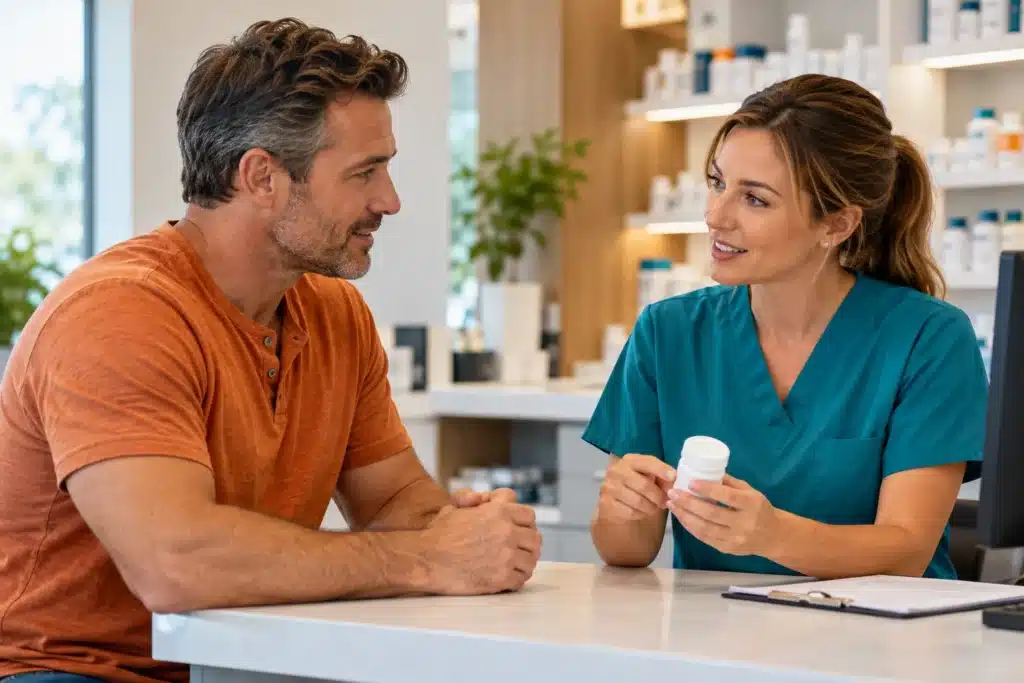Adult man discussing a compounded prescription with a pharmacist.
