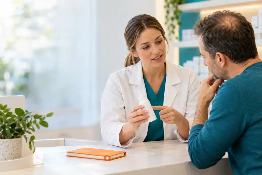 Pharmacist showing a scalp applicator bottle to an adult with thinning hair.