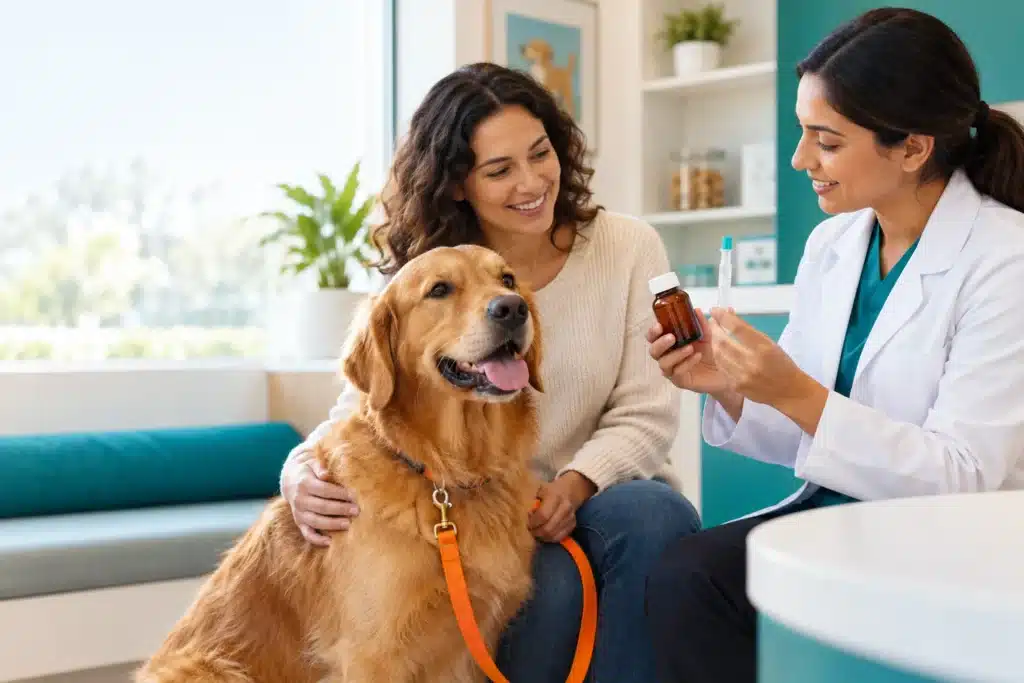 Dog owner discussing medication formats with a pharmacist while a dog sits nearby.