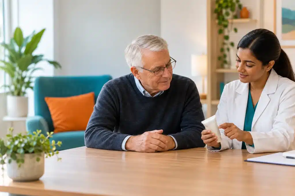 Pharmacist discussing a topical prescription format with an older adult.