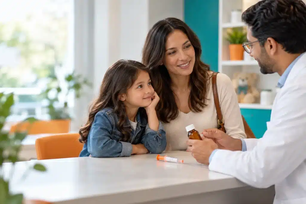 Parent and child consulting a pharmacist about a liquid medication format.