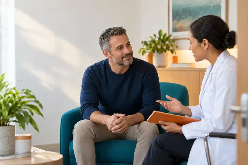 Adult man speaking privately with a pharmacist in a consultation room.