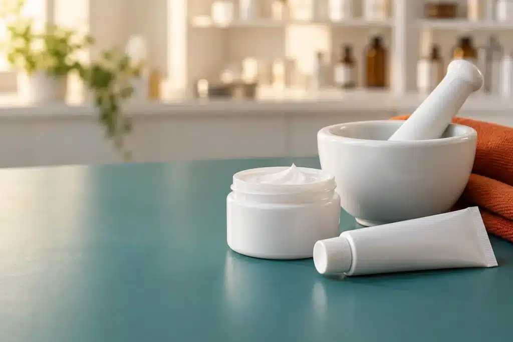 Topical cream jar, prescription tube and mortar on a teal pharmacy surface.
