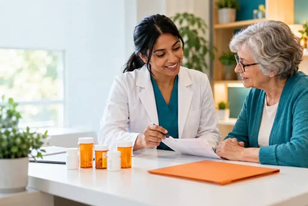 Pharmacist reviewing medication information with an older adult.