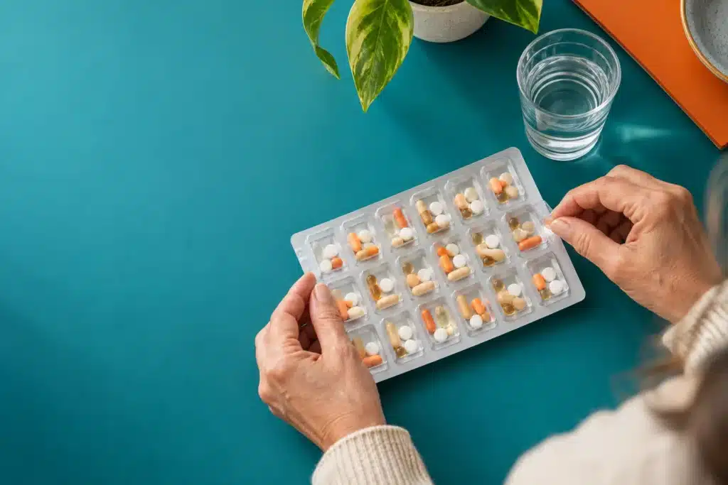Sealed medication blister pack arranged on a teal surface.