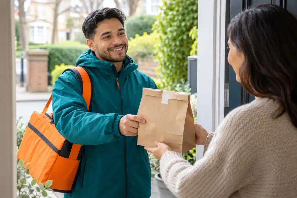 Delivery person handing a sealed pharmacy bag to a customer at home.