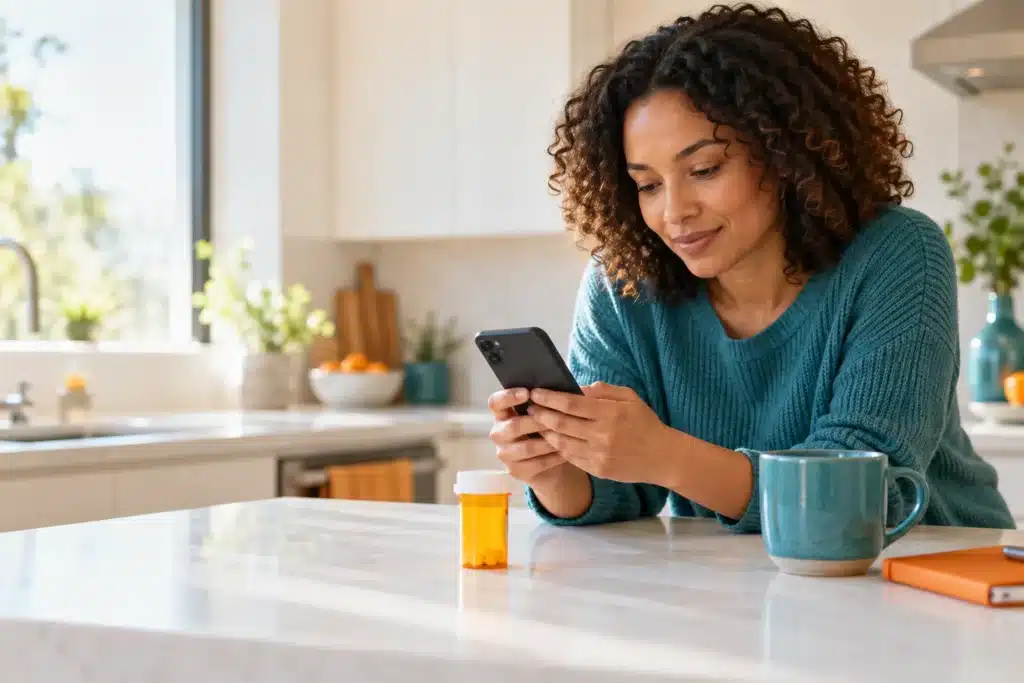 Person using a smartphone beside a prescription bottle.