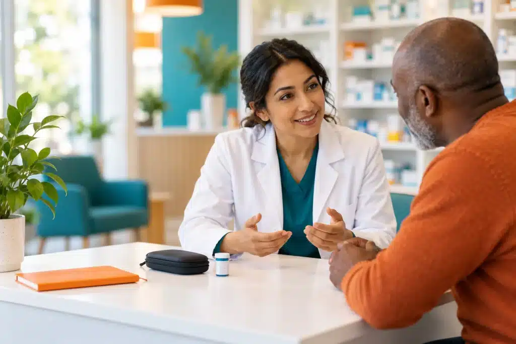 Pharmacist discussing diabetes supplies with an adult customer.