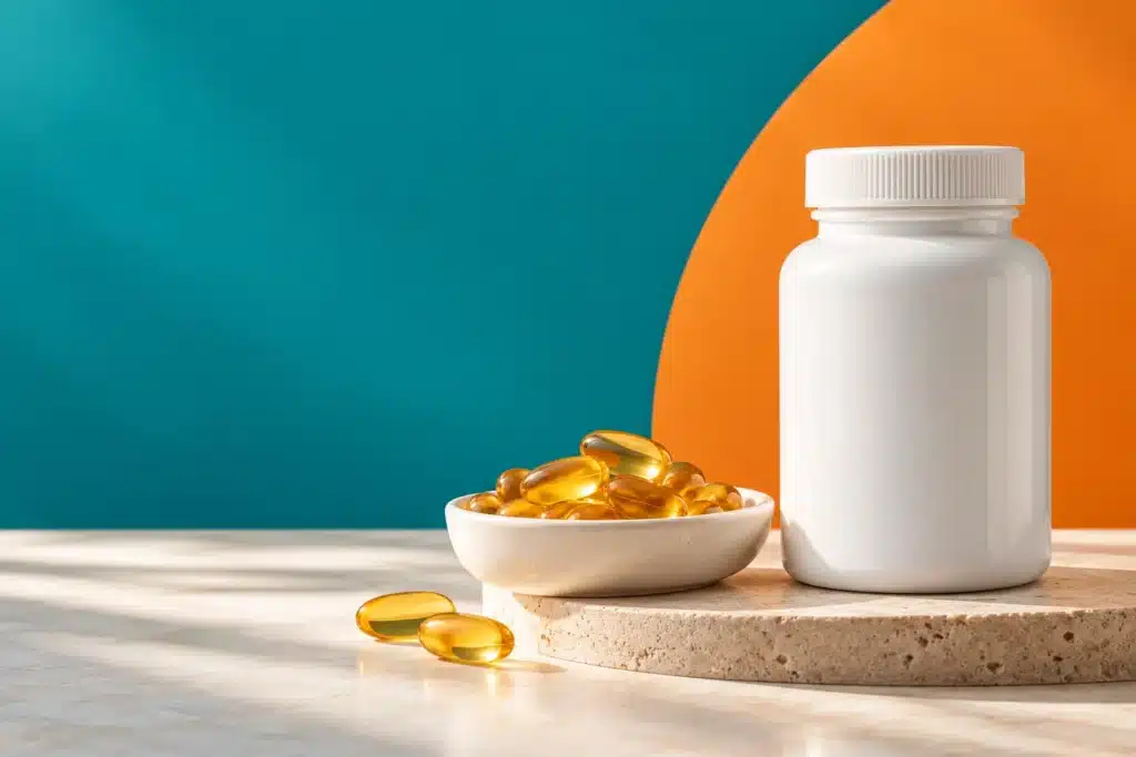 Golden softgels beside a supplement bottle and white ceramic dish.