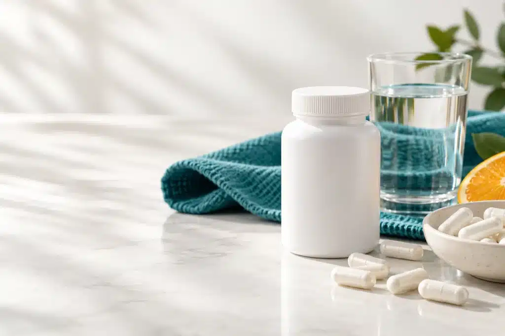 White capsules and a supplement bottle beside a glass of water.