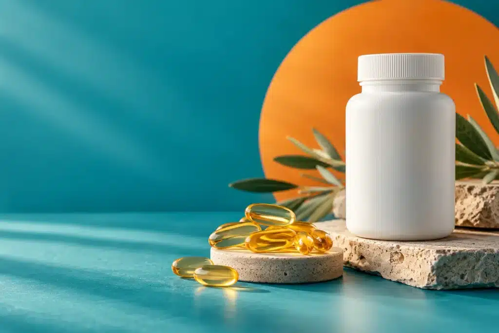 Golden softgel capsules beside an unbranded supplement bottle.