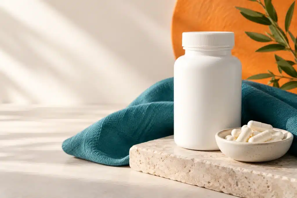 White capsules in a dish beside an unbranded supplement bottle.