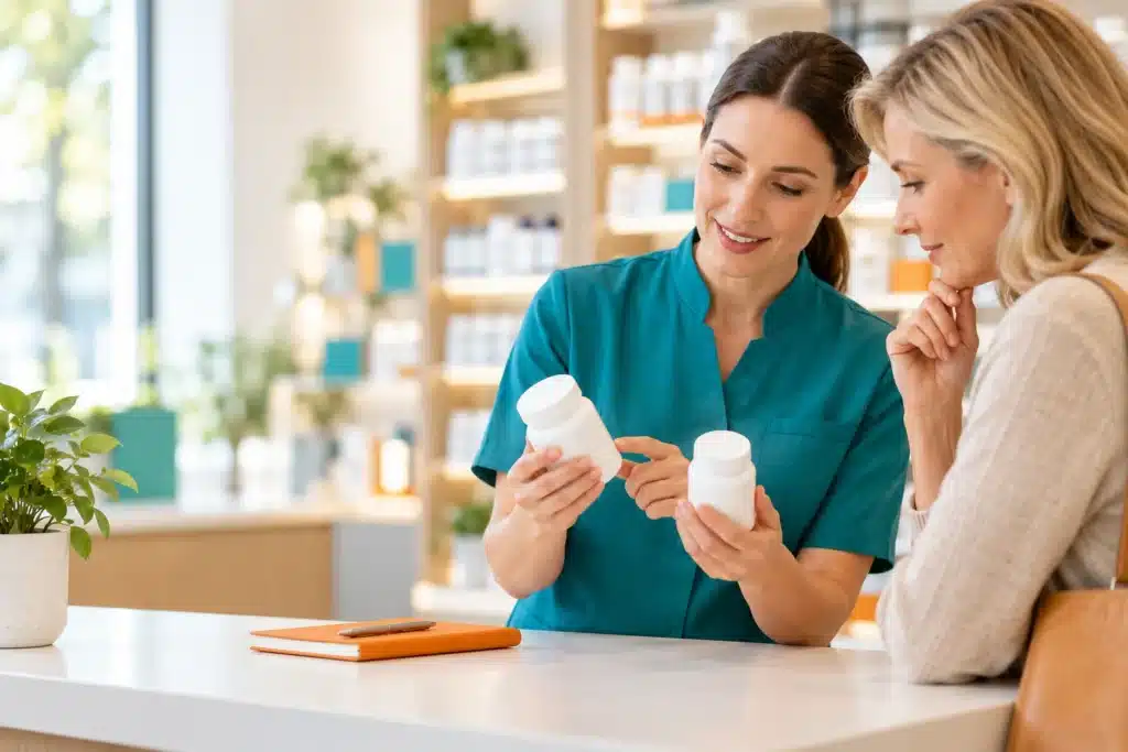 Pharmacist helping a customer compare supplement bottles.
